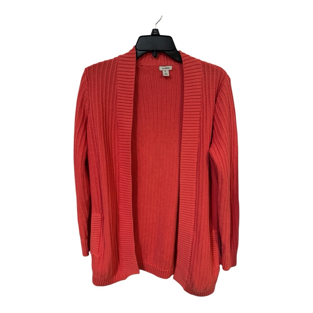 L.L. Bean Coral Open Front Cardigan Rib Knit Side Pockets M Cotton